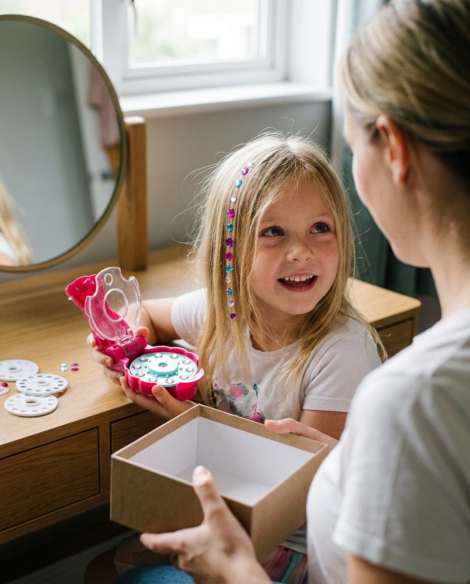 Mama wręcza córce BlingKlik przy lustrze