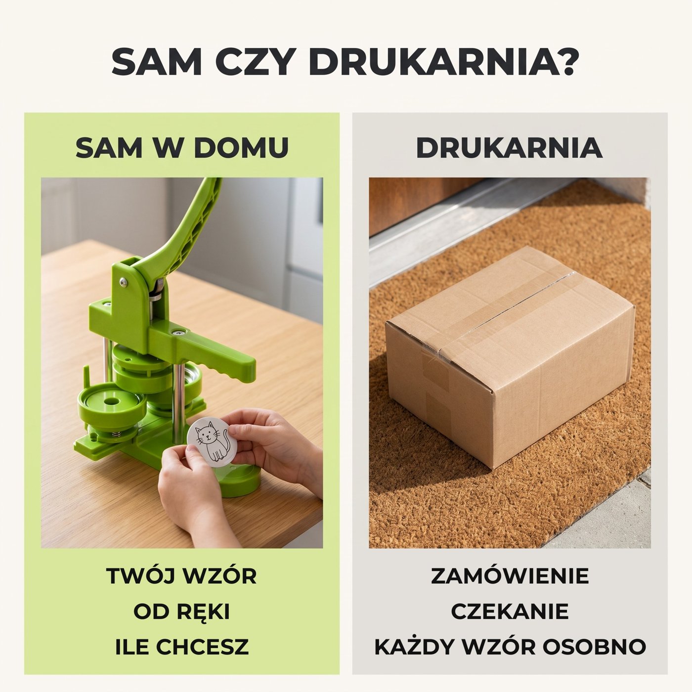 Porównanie: przypinki zrobione samemu w domu i zamówione w drukarni